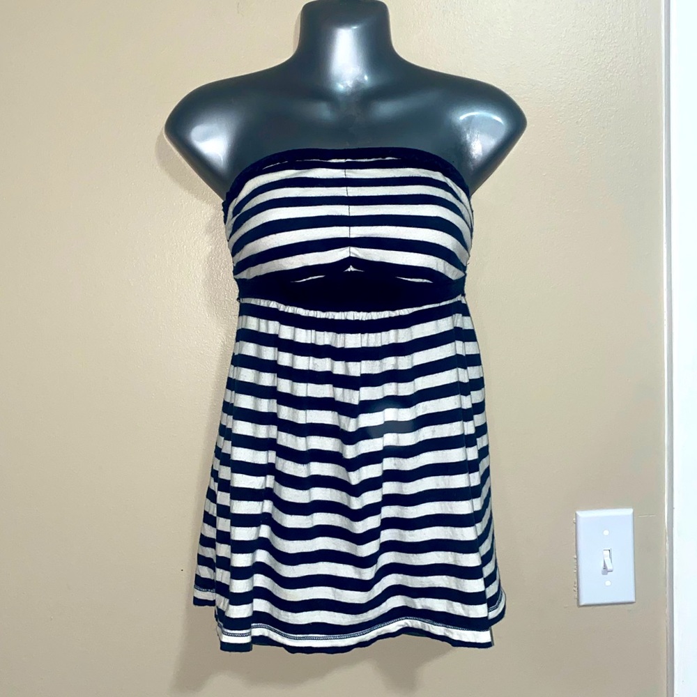 Early to Mid-2000s Hollister Babydoll Tube Top w/ White and Navy Stripes, Size S